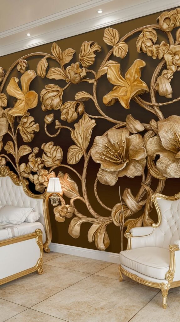 A dramatic close-up of a wall featuring deep brown paint overlaid by enormous, highly detailed, three-dimensional sculptural relief of large gold flowers, vines, and leaves.