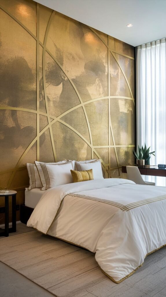 A modern bedroom featuring a distressed gold and dark metallic wall surface marked by thin, applied gold linear strips that form large, intersecting geometric arcs and curves.