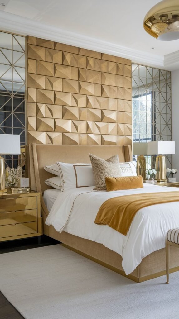 A contemporary bedroom with a striking accent wall covered in geometric, three-dimensional gold panels that form repeating pyramidal shapes, flanked by large, grid-pattern mirrored panels.