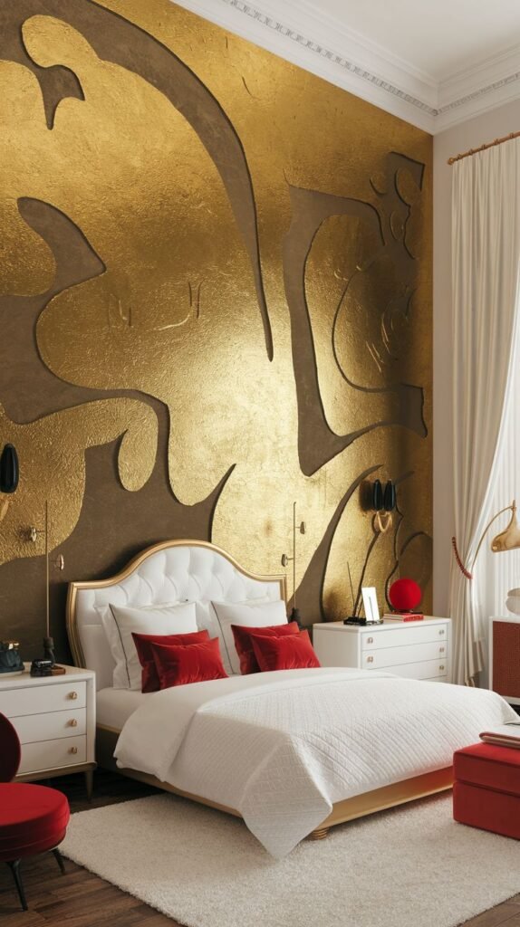 A dramatic bedroom featuring an accent wall with a brown textured base layer revealing large, abstract, organic cutouts of highly reflective, textured gold foil.