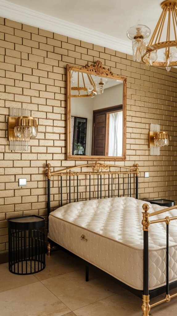 A bedroom featuring a full wall covered in a gold-toned brick pattern, above an antique black and gold metal bed frame, centered by an ornate gold-framed mirror.