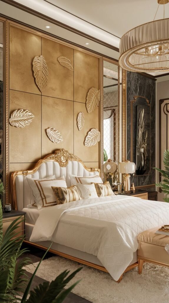 A luxurious bedroom with a textured gold wall panel featuring several scattered, three-dimensional, detailed gold sculptures resembling large, elegant feathers or leaves.