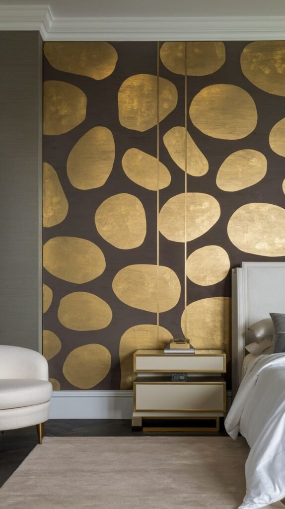 A detailed view of a dark brown accent wall featuring scattered, large, irregular, organic blotches of textured gold leaf foil, separated by vertical gold dividing lines.