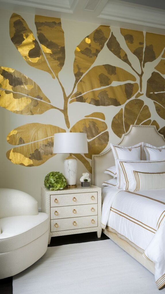 A bright bedroom featuring a light neutral wall decorated with an oversized, abstract mural of large botanical leaves painted in broad, textural strokes of gold leaf.