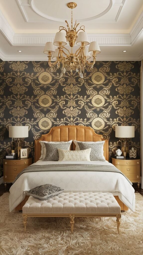 A traditional, opulent bedroom featuring a dark charcoal or black wall covered in elaborate gold foil wallpaper displaying a repeating, ornate damask or large floral medallion motif.