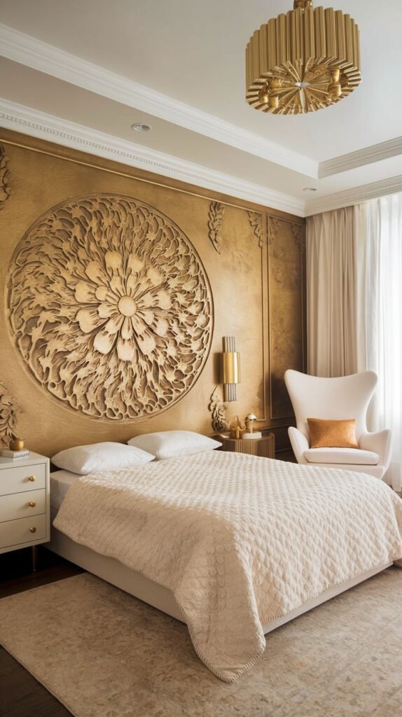 A serene luxury bedroom with a heavily textured, aged gold accent wall featuring a massive, centralized, circular relief carving of an intricate, multi-layered flower.