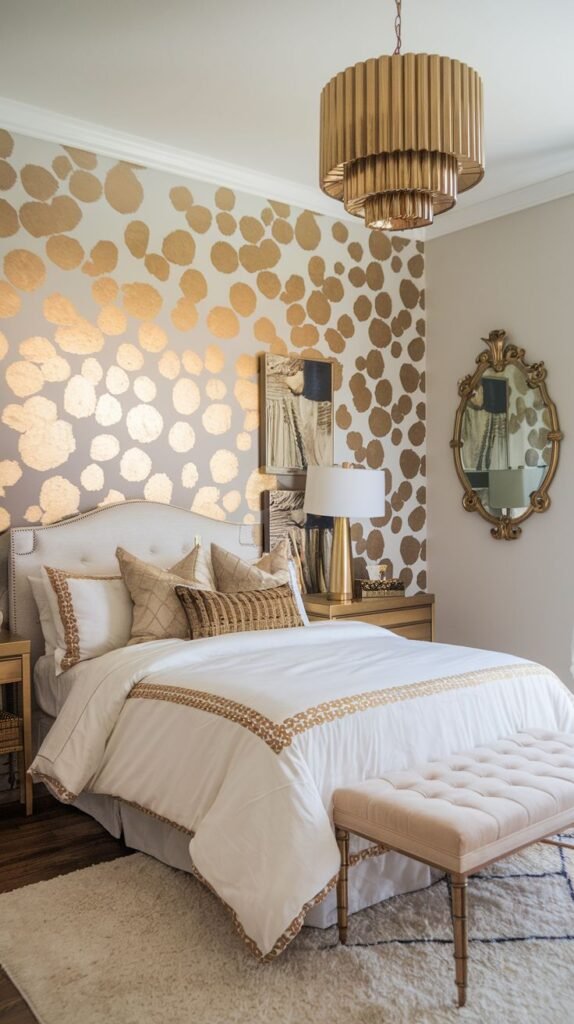 A bright bedroom with a light gray wall serving as a backdrop for a randomized pattern of large, irregular gold foil spots or polka dots, reflecting the light.