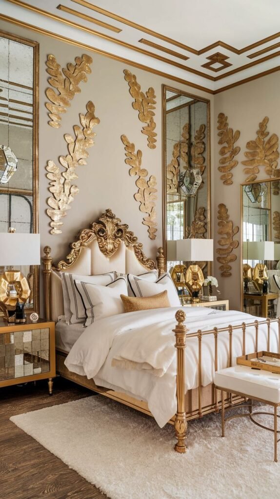 A grand, traditionally styled bedroom featuring a light gray/taupe wall adorned with repeating vertical arrangements of three-dimensional gilded leaf clusters, flanked by large mirrored panels.