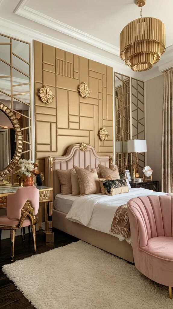 A luxurious pink and gold bedroom where the geometric accent wall, composed of various rectangular gold padded panels, is decorated with small, circular gold floral appliqués.