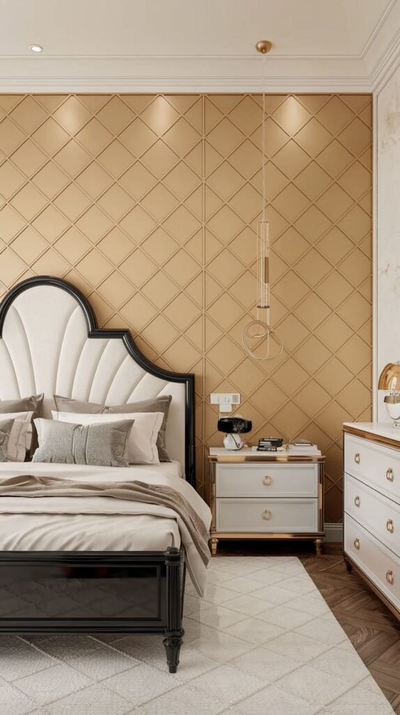 A classic bedroom featuring a full wall covered in textured gold material displaying a simple diamond-shaped quilted lattice pattern defined by shallow seams.