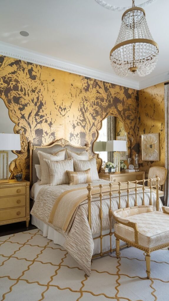 A traditional bedroom featuring a highly ornate accent wall covered in distressed gold and dark brown foil, forming an antique, sweeping pattern resembling a gilded forest.