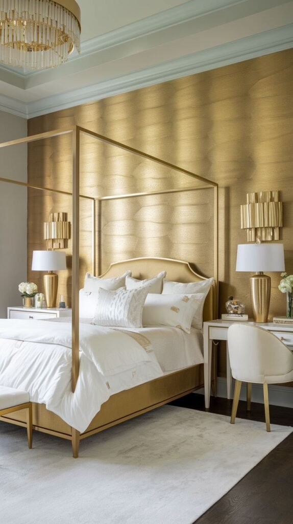 A modern, minimalist bedroom centered on a solid gold accent wall with a highly textured finish featuring horizontal brushstrokes, providing a rich backdrop for a tall gold canopy bed.