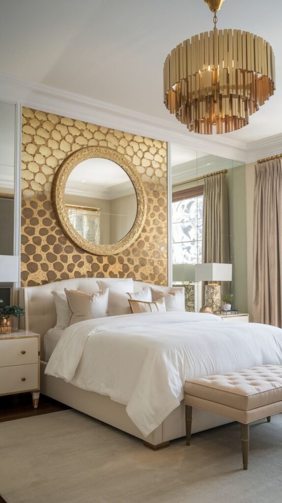 A luxurious bedroom centered on a gold accent wall composed of raised, scalloped, textured gold panels. A large circular gold-framed mirror hangs over a white upholstered bed.