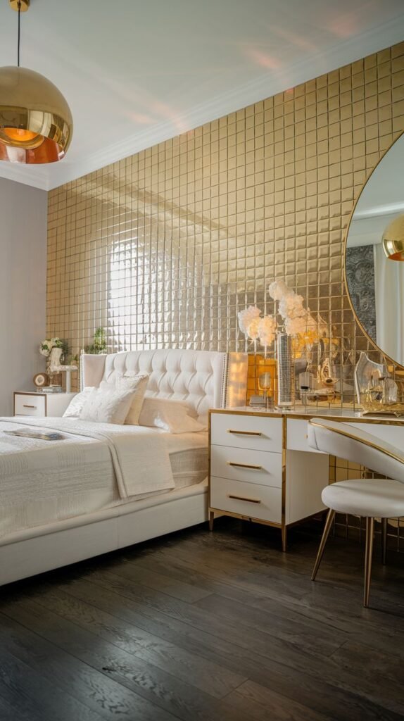 A glamorous bedroom featuring a bright, reflective gold accent wall composed entirely of small, glossy square mosaic tiles, illuminated by a large gold dome pendant light.