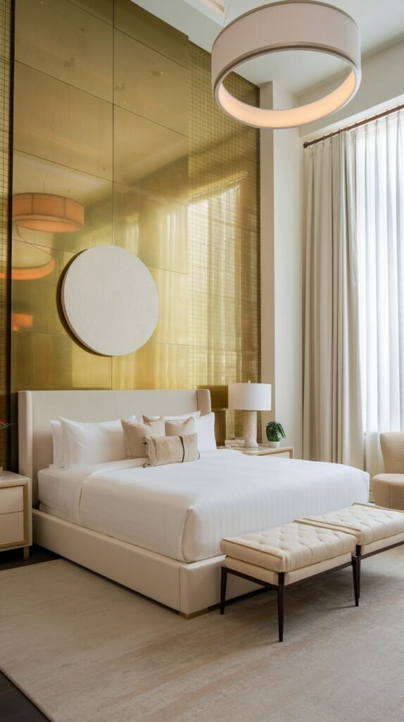 A contemporary hotel-style bedroom with a high ceiling and a large, brushed metallic gold panel wall, accented by a centralized, circular white sculptural relief piece.