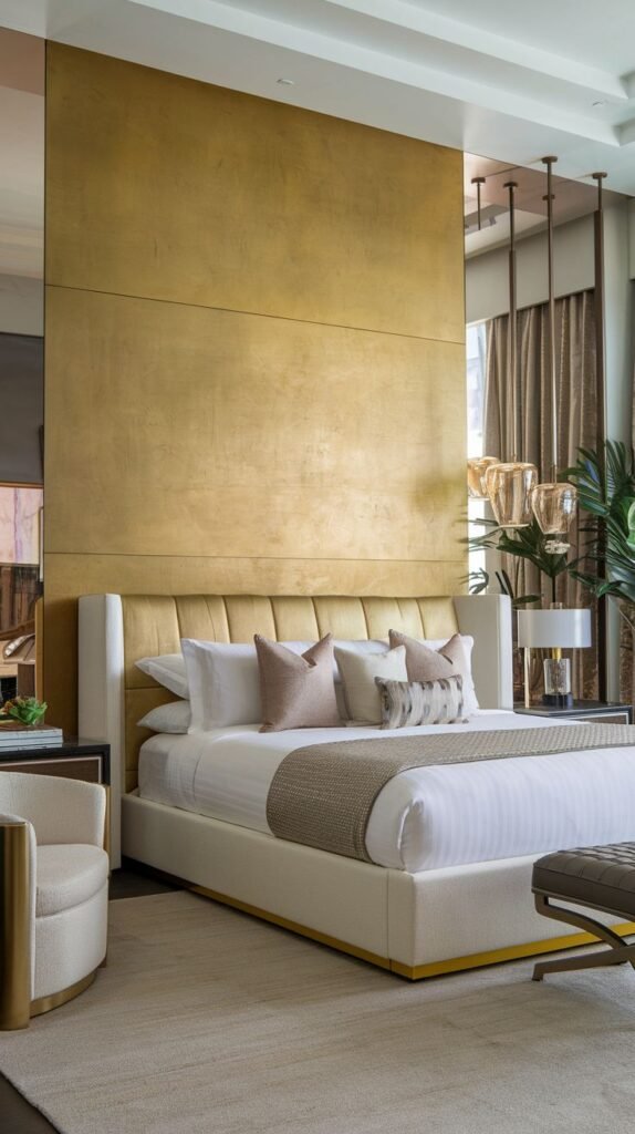A minimalist luxury bedroom featuring a tall, seamless panel accent wall finished in a textured, matte, antique gold leaf surrounded by dark vertical mirrored strips.
