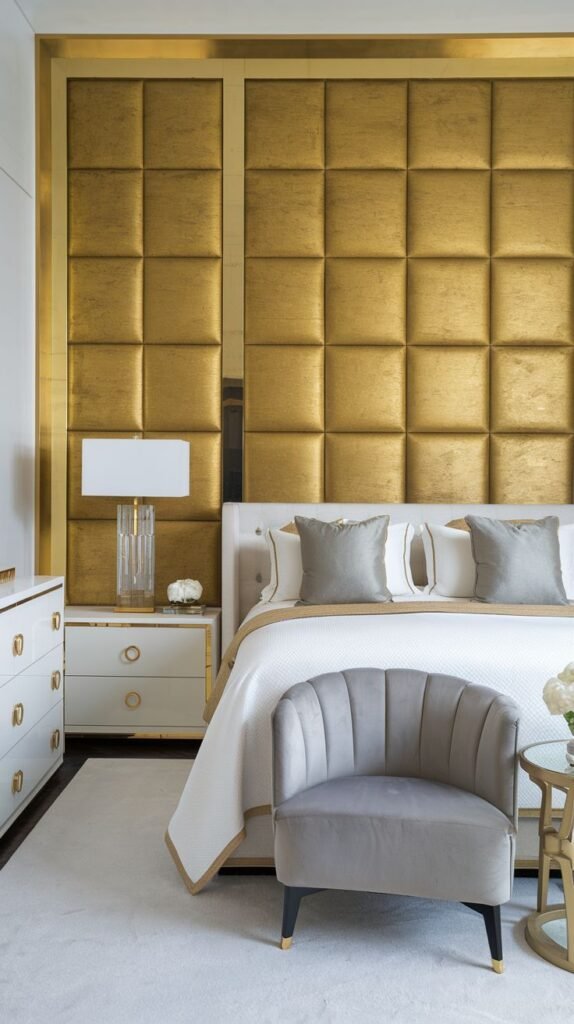 An elegant bedroom featuring a gold accent wall segmented into large rectangular areas filled with square, tufted, upholstered gold panels, framed by bright gold metallic trim.
