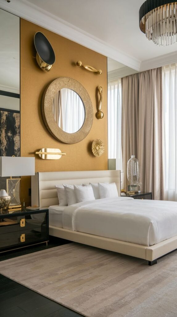 A richly textured, warm golden accent wall adorned with a collection of asymmetrical gold sculptural accents, including a large round mirror, a feather, and abstract shapes, positioned above a low headboard.