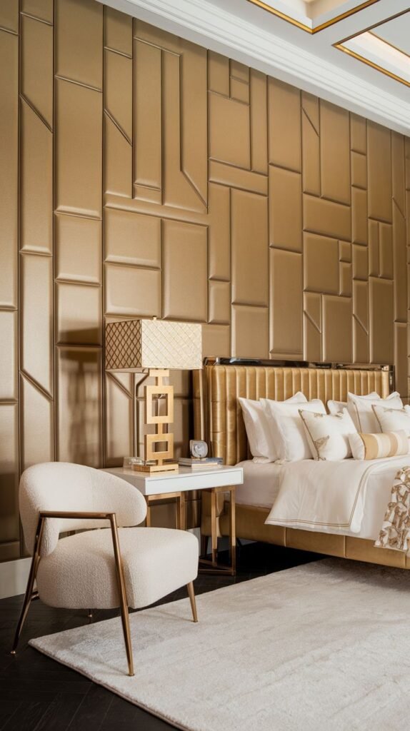 A modern bedroom with an accent wall composed of slightly padded, matte gold panels cut into various interlocking linear and rectangular geometric shapes, creating an abstract map-like pattern.