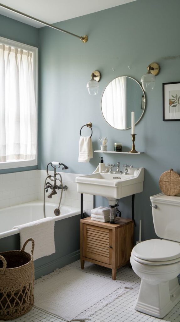 A bathroom with soft dusty blue/sage walls and white wainscoting and tub surround. It features a large porcelain sink supported by metal legs. Below the sink, there is a small wooden cabinet with slatted doors. Gold and brass fixtures are used for the shower rod, wall sconces, and mirror frame. A large woven basket is placed next to the tub.
