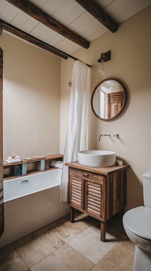 A rustic bathroom space defined by exposed dark wood ceiling beams and warm beige walls. The wooden vanity features slatted cabinet doors and supports a large white circular vessel sink. A round wood-framed mirror hangs above the sink.
