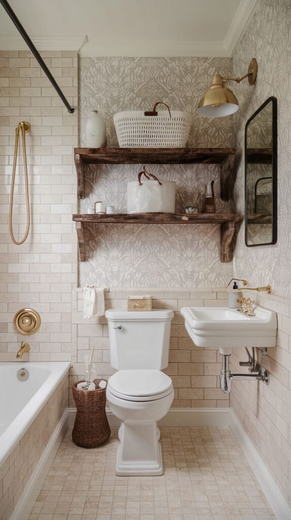 A traditional boho bathroom with light subway tile wainscoting. Above the tile, a busy, light floral patterned wallpaper is used. Dark, ornate wooden corbel shelves hang above the toilet. The space features a wall-mounted sink and brass fixtures throughout, including the shower system.
