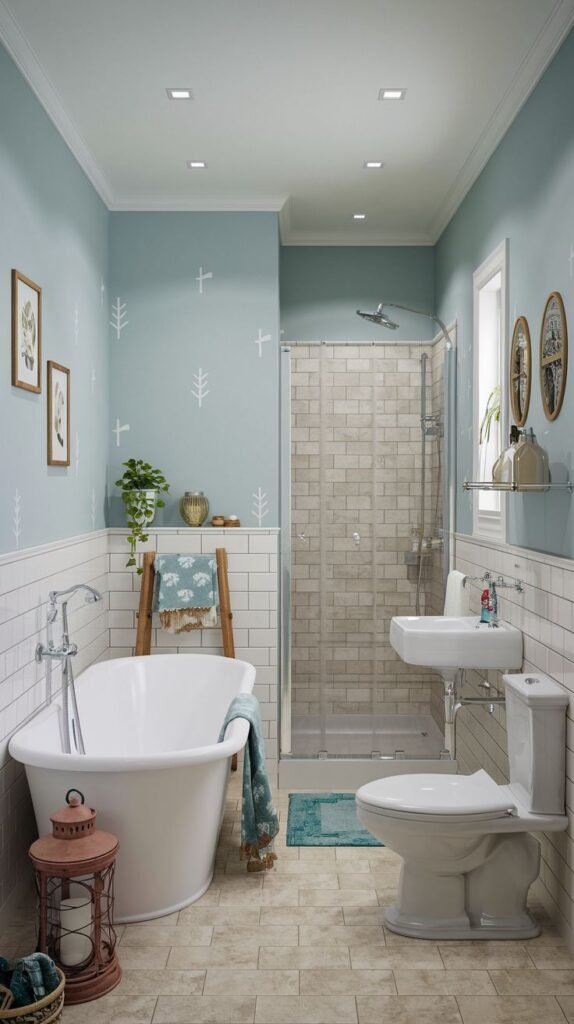 A bathroom featuring light blue painted walls above white wainscoting. White tree and cross decals are visible on the blue walls. The room contains a white freestanding tub and a separate glass-enclosed shower stall. A reddish antique-style metal lantern sits on the floor near the tub.