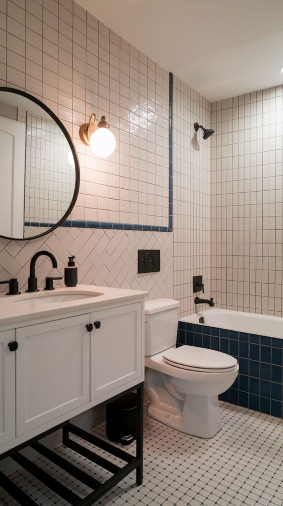 A contemporary bathroom using white square grid tile with dark grout on the walls. A horizontal line of blue herringbone tile provides an accent band. The tub base is tiled in dark blue. The vanity is white with black legs and hardware. Black fixtures are used for the shower and sink.