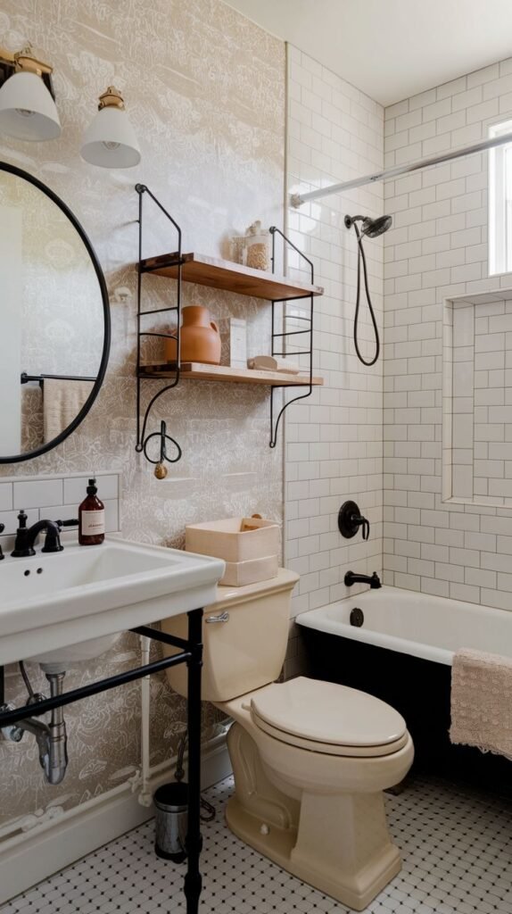 A bathroom featuring white subway tile in the tub area. The upper wall features lightly patterned neutral wallpaper. A black wrought iron shelving unit with two wood planks hangs above the beige toilet. The tub exterior is painted black, creating high contrast.