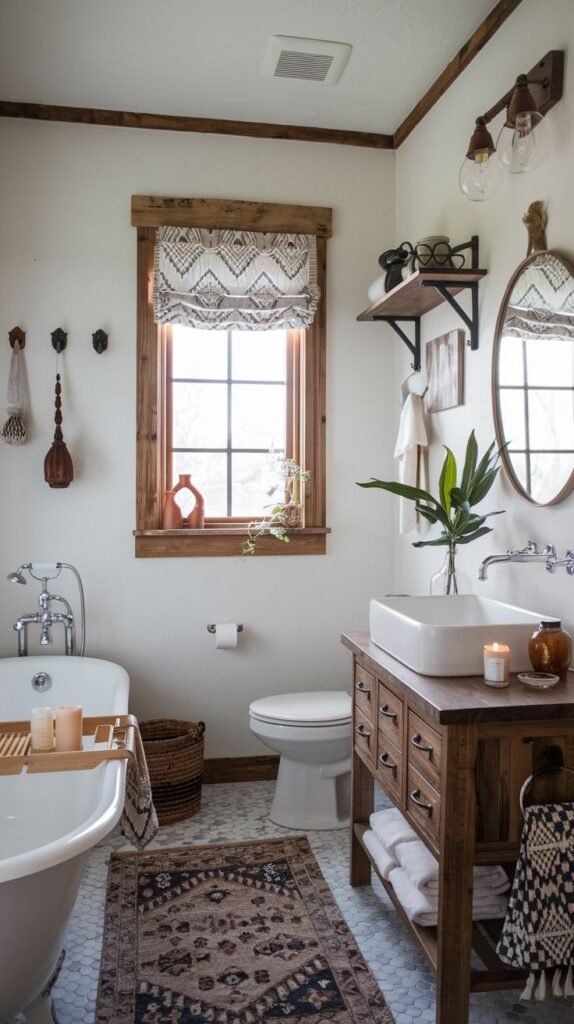 A bright small bathroom featuring warm wood trim around the window and ceiling, and a dark wood vanity with multiple drawers and a white vessel sink. The window features a patterned Roman shade. An oval, ornate wood-framed mirror hangs above the sink. The floor is white hexagon tile, partially covered by a small patterned rug.