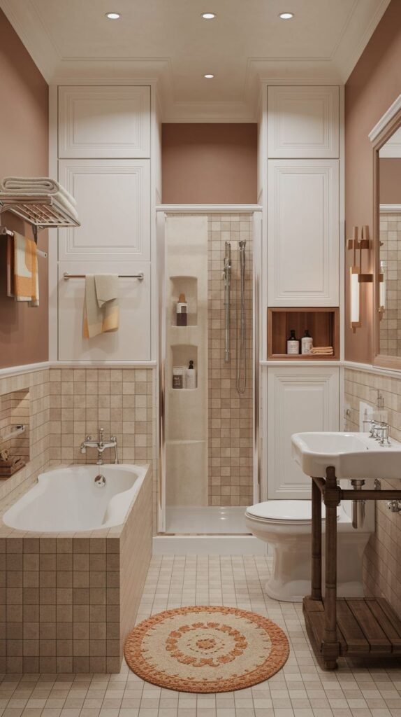 A bathroom featuring extensive tan square tiling wrapping the lower walls, tub surround, and shower stall. The upper walls are painted a dusty rose/taupe color. Tall white built-in cabinets flank a central shower enclosure and a white toilet. A small round patterned rug sits on the floor.