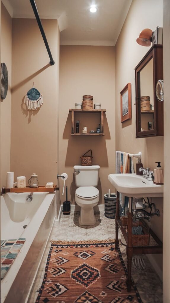 A narrow bathroom with warm beige walls and a small white tub. The center features a geometric tribal-patterned rug in reds and browns. A simple wooden floating shelf with two levels hangs above the toilet. The sink is a wall-mounted basin next to the toilet.