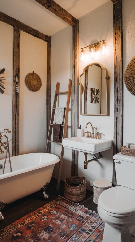 A rustic, light-walled bathroom with exposed dark wood vertical beams framing the walls. It includes a white clawfoot tub with antique brass feet. A dark wooden ladder leans against a beam. The floor is dark wood planks, partially covered by an ornate, textured rug.