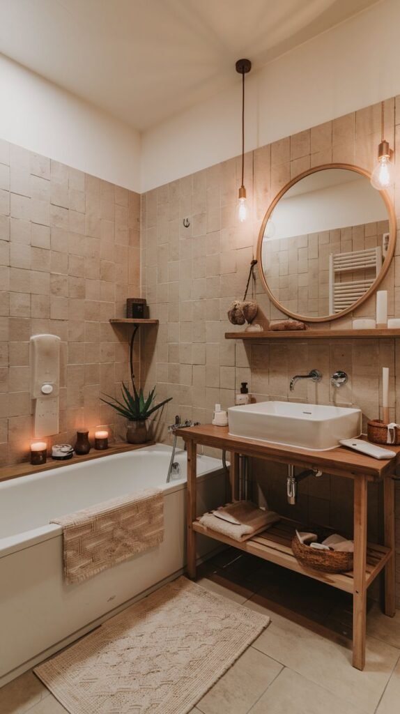 A monochromatic tan and beige bathroom with textured square wall tiles and smooth floor tiles. A white rectangular tub is surrounded by a built-in ledge decorated with candles and plants. The open vanity is constructed of light wood slats and features a white vessel sink and a large round wood-framed mirror.
