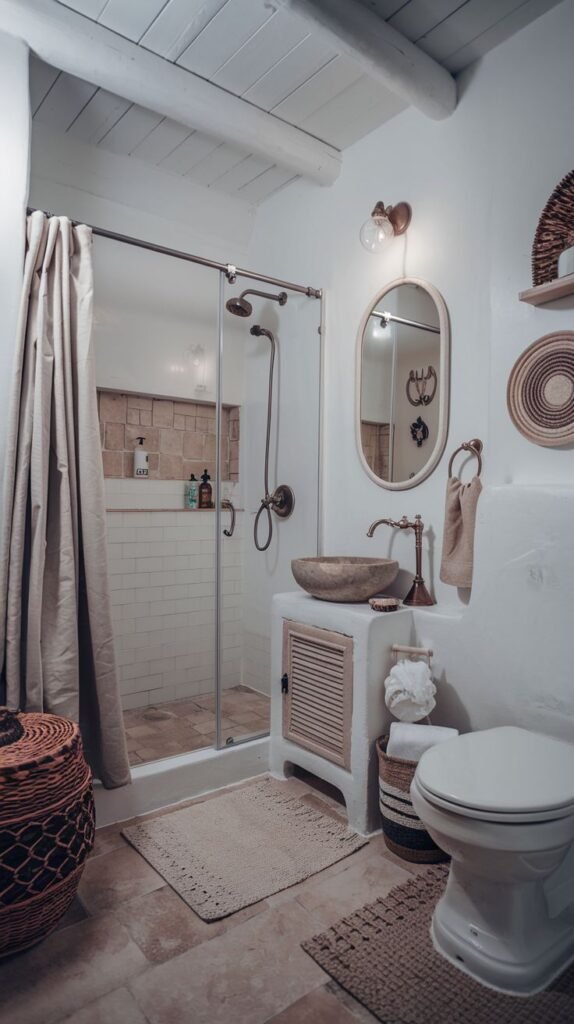 A rustic, whitewashed bathroom with exposed ceiling beams and heavily textured walls. The space includes a glass shower enclosure with neutral tiled walls and a terracotta floor. The vanity features a wooden vessel sink atop a small slatted cabinet base. Woven baskets and organic textures are placed throughout the room, including stacked on a shelf near the white toilet.