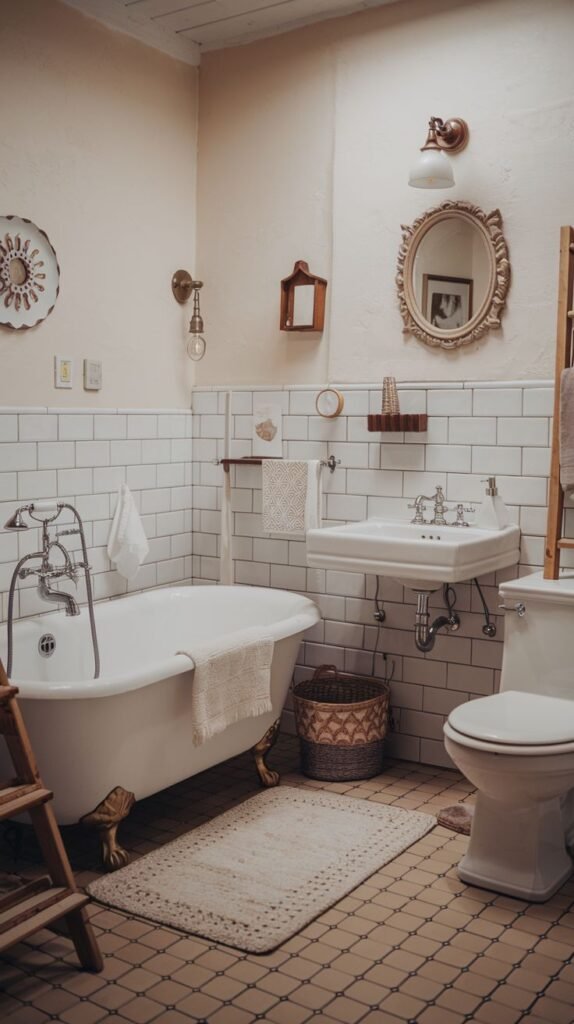 A vintage-style bathroom featuring white subway tile wainscoting and light beige walls. A white clawfoot tub with ornate gold feet sits next to a classic white pedestal sink. The mirror above the sink is oval and features a heavily carved gold frame.
