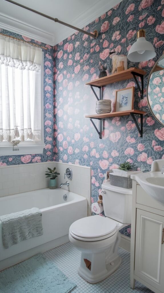 A colorful bathroom featuring dramatic wallpaper with large pink floral patterns on a dark blue background. The tub area is tiled in white subway tile. Two wooden floating shelves with black metal brackets hang above the toilet. The window is covered with a lace-trimmed curtain.