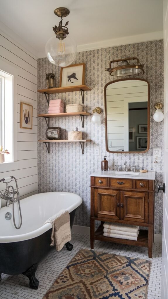 A bathroom featuring white shiplap paneling on the left wall and a subtle geometric patterned wallpaper on the vanity wall. A dark black clawfoot tub contrasts with the light walls. The vanity is dark stained wood with closed doors and open storage below. A prominent patterned rug covers the white hex floor tile.