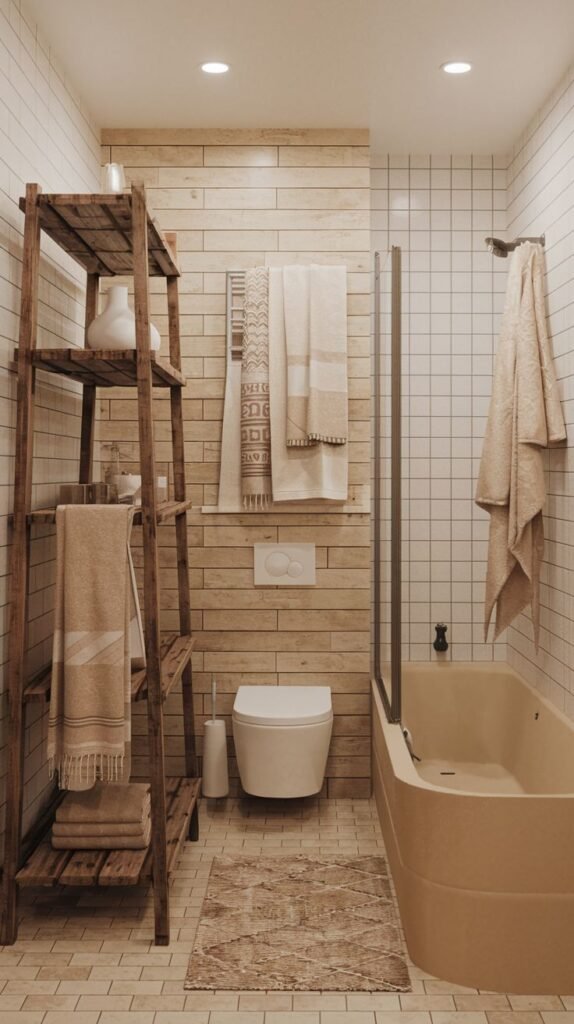 A small, neutral bathroom featuring a wall clad in vertical light wood planks behind the wall-mounted toilet. The remaining walls and shower are white subway tile. A tall, dark wood ladder-style shelf unit provides storage for towels and accessories. The tub is a soft tan color.