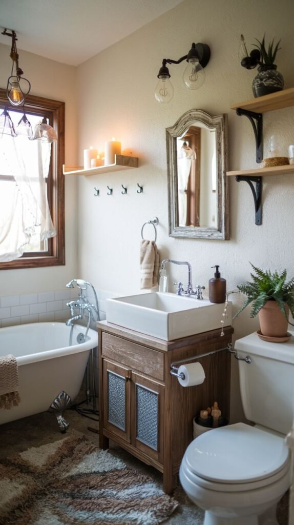 A rustic boho bathroom featuring a wood vanity with mesh inserts on the cabinet doors and a white vessel sink. A small white clawfoot tub with silver feet is visible. Floating shelves decorated with candles and plants are mounted near the tub and the sink. The floor is covered by a shaggy, patterned rug.