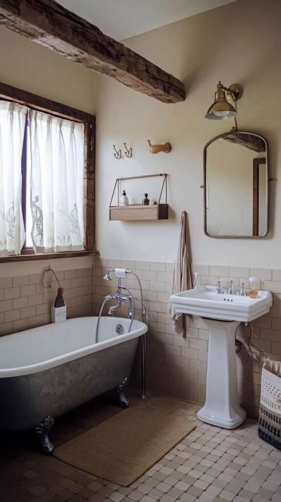 A vintage bathroom with light beige square tiles up to wainscoting height. A rough-hewn dark wood ceiling beam runs across the room. The space includes a classic white pedestal sink and a gray clawfoot tub. A rectangular brass-framed mirror hangs above the sink.