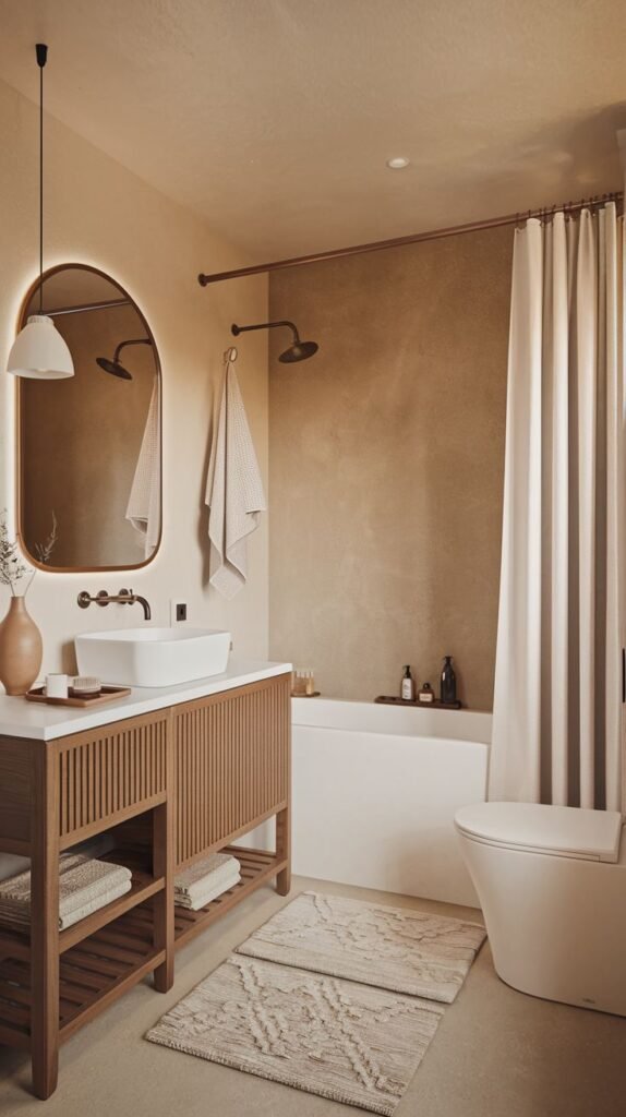 A modern boho bathroom designed in warm neutrals, featuring textured walls and floor. The wood vanity features vertical slatted doors and two open storage shelves. An arched, backlit mirror hangs above the white vessel sink. Textured bath mats are placed near the white tub and toilet.