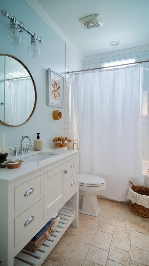 A bright bathroom featuring light blue upper walls and a white vanity with numerous drawers and an open lower shelf. The floor is large, square, light beige/tan tile. A round wood-framed mirror hangs above the sink, opposite a white shower curtain covering the tub area.