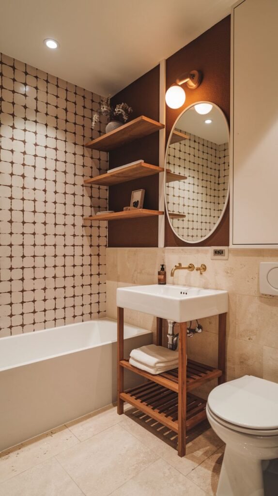 A compact bathroom with a wall decorated in a bold, repeating geometric cross pattern tile in white and brown. Wooden floating shelves are mounted on this accent wall. The vanity is an open wood unit with slatted shelves supporting a white square sink. The toilet is positioned next to the vanity.