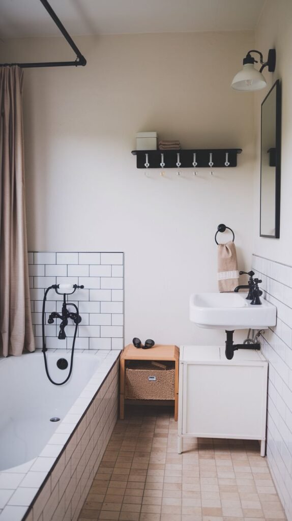 A small, narrow bathroom featuring white subway tile up to wainscoting height around the tub and sink. The walls above the tile are light beige. The space utilizes high-contrast black fixtures, including the shower curtain rod, faucet, and a black wall-mounted shelf with hooks above the toilet. A small wooden side table with a woven basket sits next to the tub.