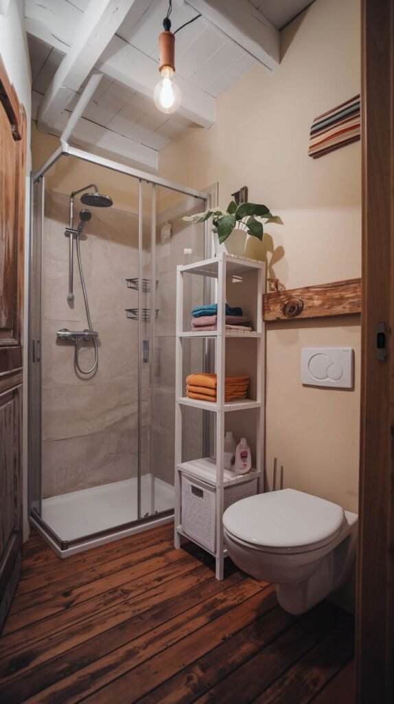 A rustic bathroom with exposed dark wood plank flooring and white painted wood ceiling beams. The walls are warm beige. A glass-enclosed shower stall is visible, along with a white four-shelf unit next to the wall-mounted toilet.