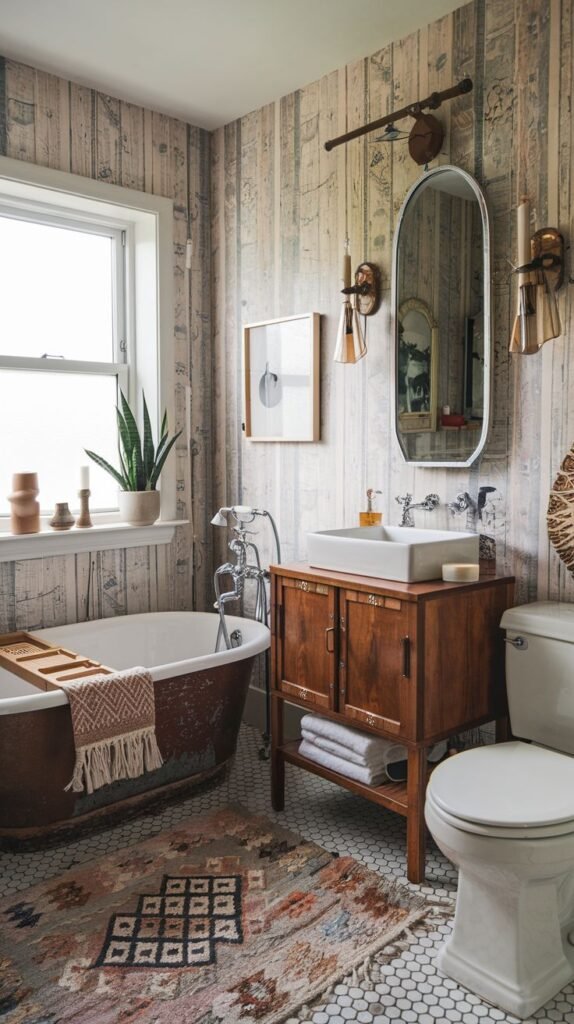 A bathroom featuring vintage wallpaper patterned to look like weathered wood paneling. A white vessel sink sits atop a traditional dark wood vanity. The tub is white with a rustic, aged copper or bronze exterior finish. The floor is white hexagon tile, partially covered by a patterned rug.