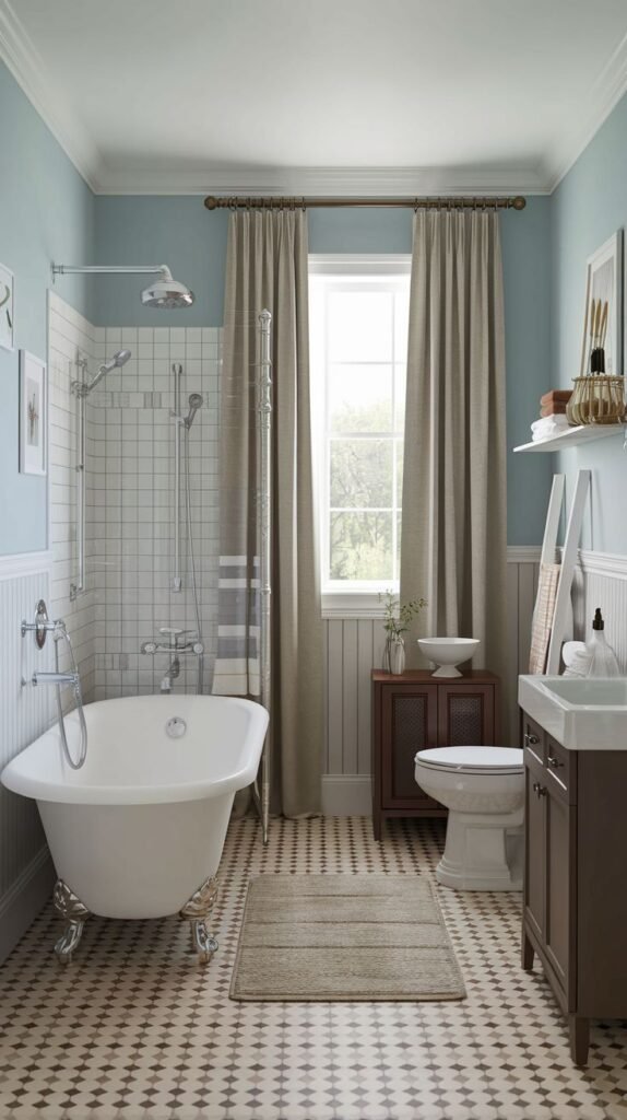 A bright, cottage-style bathroom with light blue upper walls and white shiplap wainscoting. A white clawfoot tub sits on chrome feet next to a window framed by long neutral curtains. The floor uses a geometric diamond tile pattern in white and brown. The room features a dark wood vanity and a matching small cabinet next to the toilet.