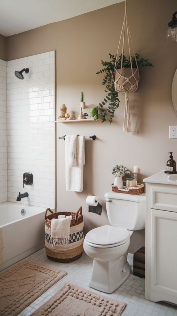 A small boho bathroom featuring tan walls, white subway tile around the tub, and white hexagon floor tiles. A toilet sits between the tub and a white vanity cabinet. Above the toilet, a plant hangs in a macrame holder. Two woven, textured bath mats and a large patterned basket are visible on the floor.