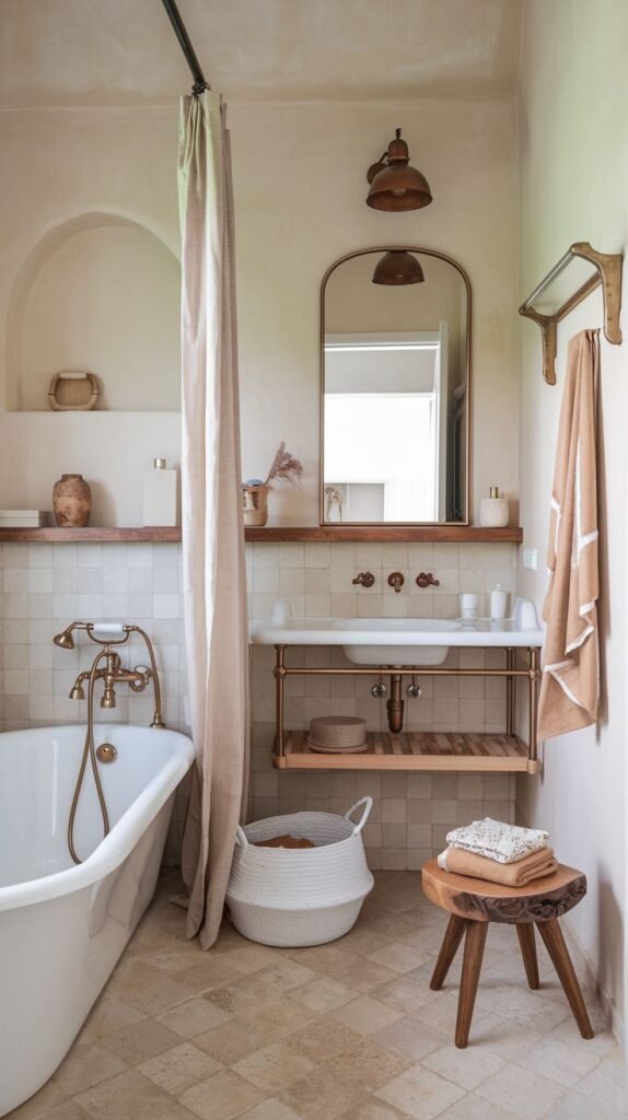 A beige and earth-toned bathroom with square tiled walls and patterned stone floor tiles. The room features a white soaking tub next to a curved architectural arch niche. The vanity consists of a console sink basin atop an open wooden shelf supported by copper or brass piping. A wooden stool and a large white woven basket are on the floor.
